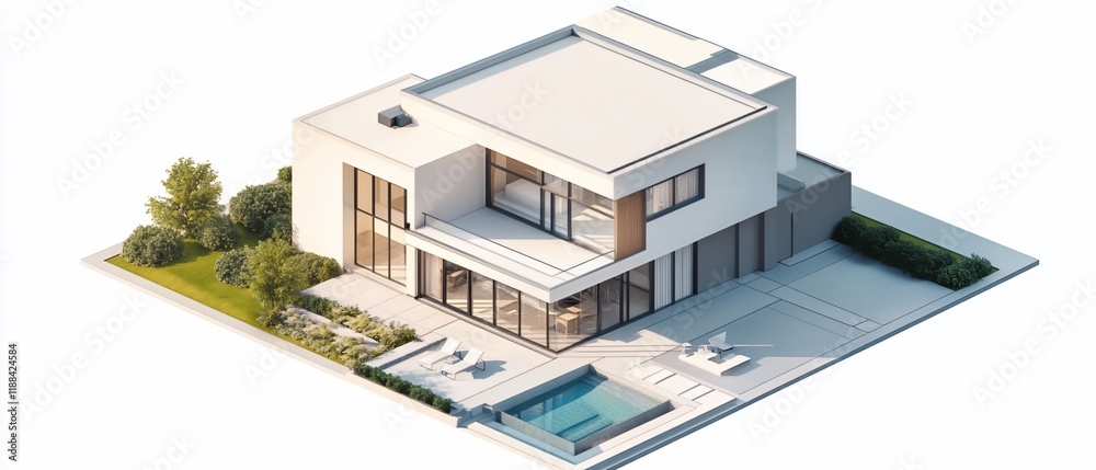Modern house, pool, garden, isometric view, real estate