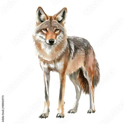 A watercolor vector painting of a coyote, isolated on a white background. Coyote vector.

