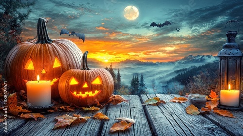 Jack-o'-lanterns, candles, and autumn leaves on a wooden table at sunset with a foggy mountain background. photo