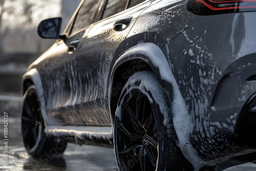 The car is being washed with soap, and foam flows down the body of the gray SUV. Close-up side view of the rear wheel and fender