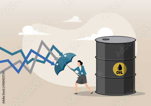 Businesswoman holding umbrella to cover and protect from downturn arrow