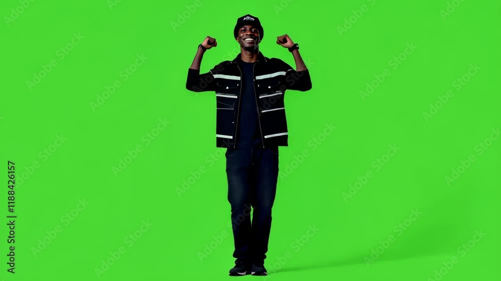 Triumphant Man on Green Screen: A joyful, young man with dark skin celebrates his success, arms raised in victory against a vibrant green screen background, ready for your creative projects. Triumphant Man on Green Screen: A joyful, young man with dark skin celebrates his success, arms raised in victory against a vibrant green screen background, ready for your creative projects.