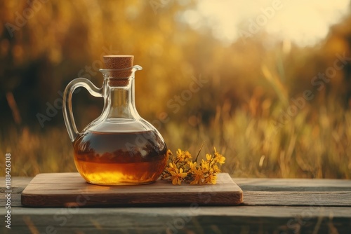 Beautiful glass bottle filled with golden oil placed on a wooden board, accompanied by yellow flowers, set against a blurred natural background during golden hour. photo