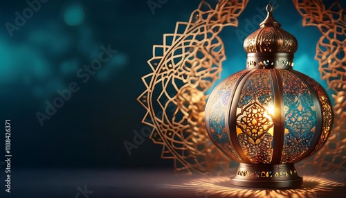 Lantern with beautiful carvings brightly lit with Islamic ornaments, beautiful, Ramadan. Wallpaper. Eid al-Fitr. photo