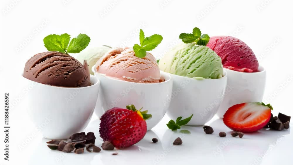 Set of ice cream scoop in white cups with different flavors	
