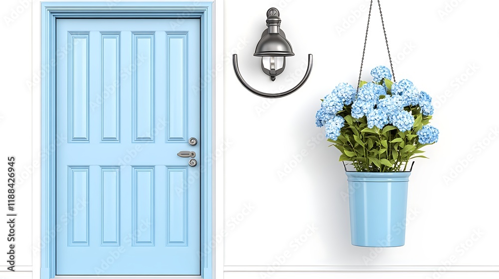 Fototapeta premium Blue Door Hydrangea Wall Lamp Home Exterior Decor