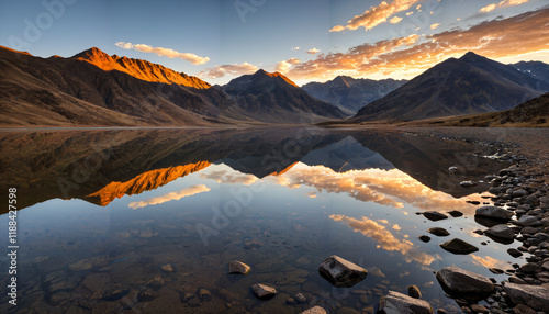 Reflets dorés sur le lac au lever du soleil photo