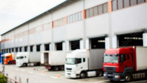 Logistics Center Blur: A soft-focus image of a factory warehouse with trucks parked outside.
 photo