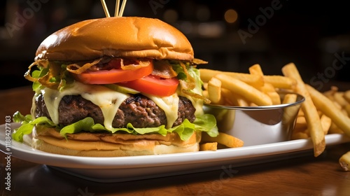 Juicy and flavorful steak burger topped with melted cheese fresh lettuce and ripe tomato served alongside a hearty portion of crispy golden fries   a delectable and satisfying gourmet meal photo