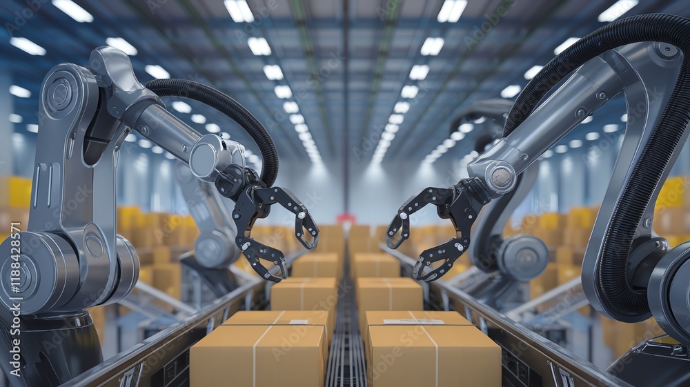 Fototapeta premium Automated robotic arms sorting boxes in a warehouse setting.