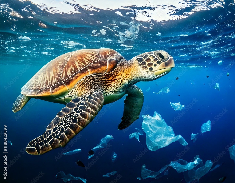 Fototapeta premium A sea turtle glides through the ocean, surrounded by floating plastic debris, highlighting the serious impact of marine pollution on wildlife.