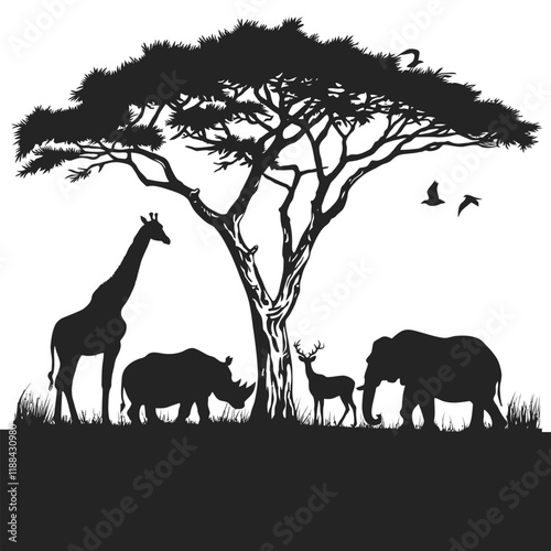 Vector horizontal seamless tropical wildlife silhouette vector art design