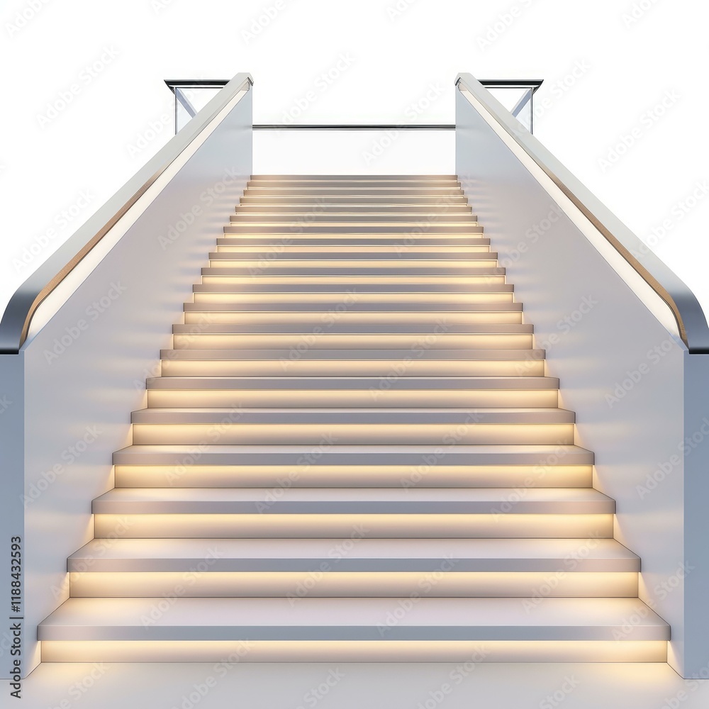 White modern staircase going upward with integrated lighting and metal handrail