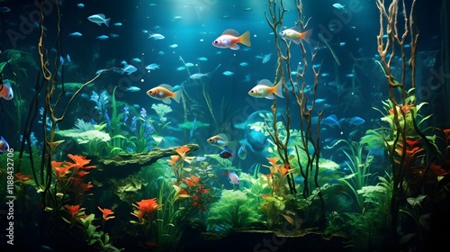 A captivating scene of a school of iridescent neon tetras gracefully gliding through a lush verdant freshwater aquarium filled with vibrant aquatic plants photo