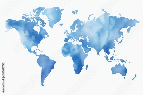Fototapeta Naklejka Na Ścianę i Meble -  Blue watercolor world map showing all continents, perfect for educational or travel designs