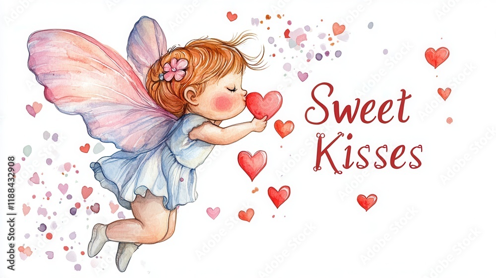 Charming Cupid Illustration with Heart and Confetti: Whimsical Fairy Spreading Sweet Kisses in Playful Colors and Designs for Joyful Celebrations, White Background Charming Cupid Illustration with Heart and Confetti: Whimsical Fairy Spreading Sweet Kisses in Playful Colors and Designs for Joyful Celebrations, White Background