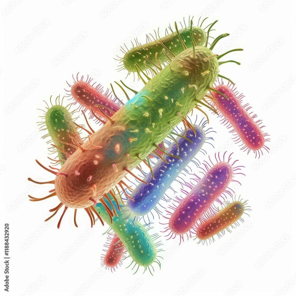 Naklejka premium Multicolored rod shaped bacteria with pili and fimbriae are floating on a white background, showcasing their unique structures