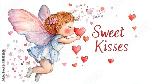 Charming Cupid Illustration with Heart and Confetti: Whimsical Fairy Spreading Sweet Kisses in Playful Colors and Designs for Joyful Celebrations, White Background