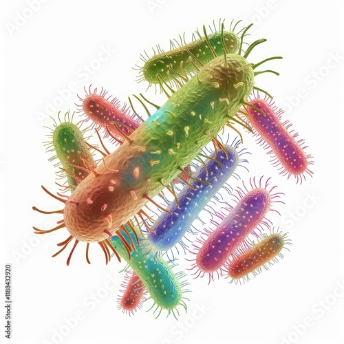 Multicolored rod shaped bacteria with pili and fimbriae are floating on a white background, showcasing their unique structures photo