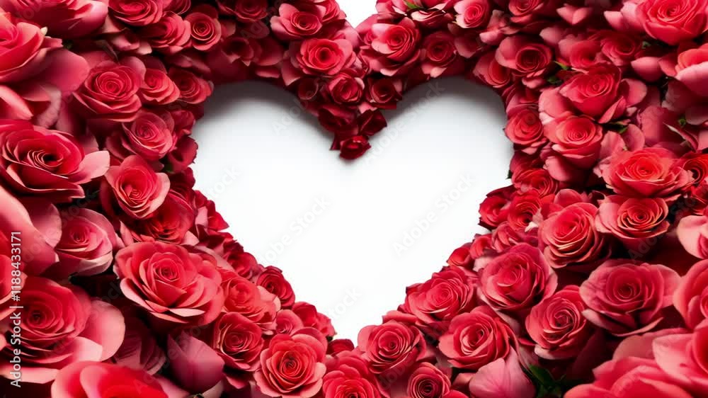 Lots of animated red roses with free heart shape space for text in the center of the frame on a white background