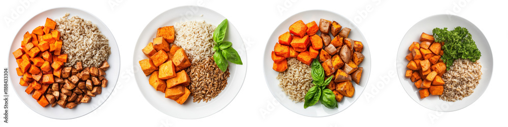 Healthy meal plates with sweet potatoes, grains, and greens Healthy meal plates with sweet potatoes, grains, and greens