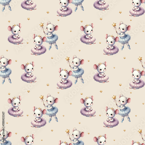 Seamless pattern of dancing ballerina cute little mouse watercolor illustration on beige background