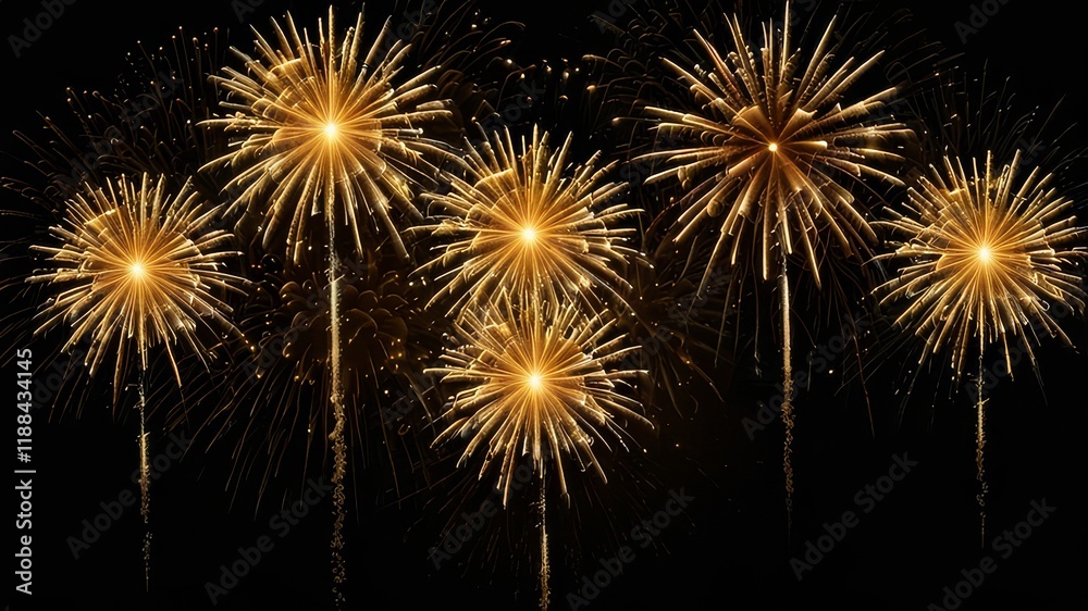 Naklejka premium Firework border background, gold fireworks frame with stars and sparkles, firework banner