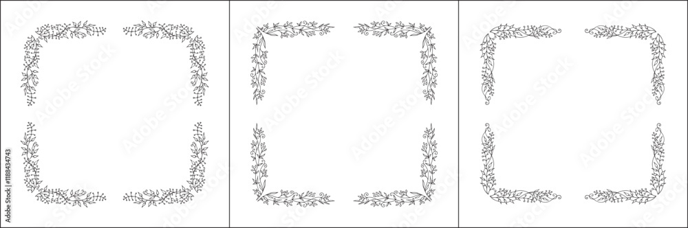 Set of three vector decorative frames, vegetal ornamental frame with flowers, decorative border, corners, black and white. Isolated vector illustration.
Set of three vector decorative frames, vegetal ornamental frame with flowers, decorative border, corners, black and white. Isolated vector illustration.