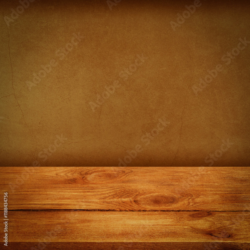 The background is blank wooden boards and a textured plastered wall with lighting and vignetting.
