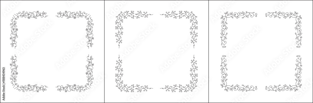 Set of three vector decorative frames, vegetal ornamental frame with flowers, decorative border, corners, black and white. Isolated vector illustration.
Set of three vector decorative frames, vegetal ornamental frame with flowers, decorative border, corners, black and white. Isolated vector illustration.