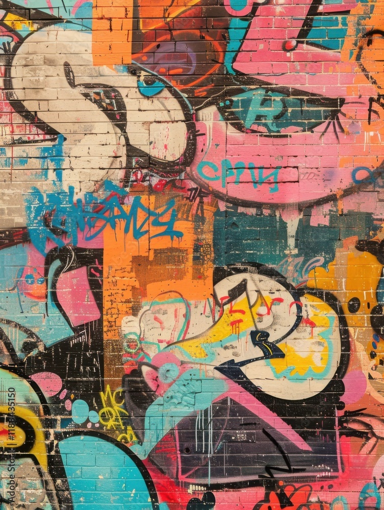 Obraz premium Vibrant Urban Graffiti Art Explosion on Brick Wall: A Colorful Street Art Masterpiece