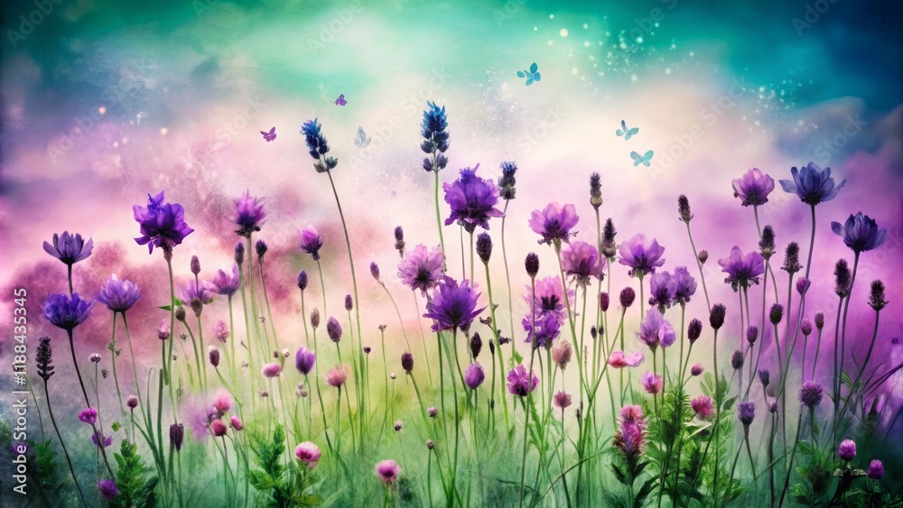 Fototapeta premium Enchanted Meadow Purple Flowers, Butterflies, Watercolor, Dreamy Landscape, Nature Art, Botanical Illustration Keywords Floral, Fantasy