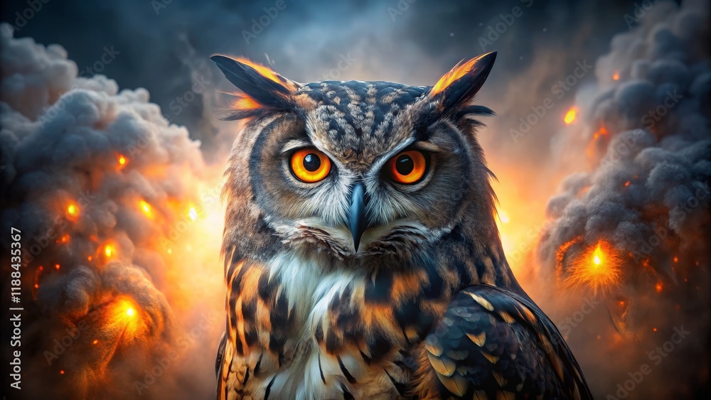 Fiery Owl Close-Up Portrait in Exploding Smoke, Digital Art, Fantasy, Wildlife, owl Owl, Digital Painting Fiery Owl Close-Up Portrait in Exploding Smoke, Digital Art, Fantasy, Wildlife, owl Owl, Digital Painting