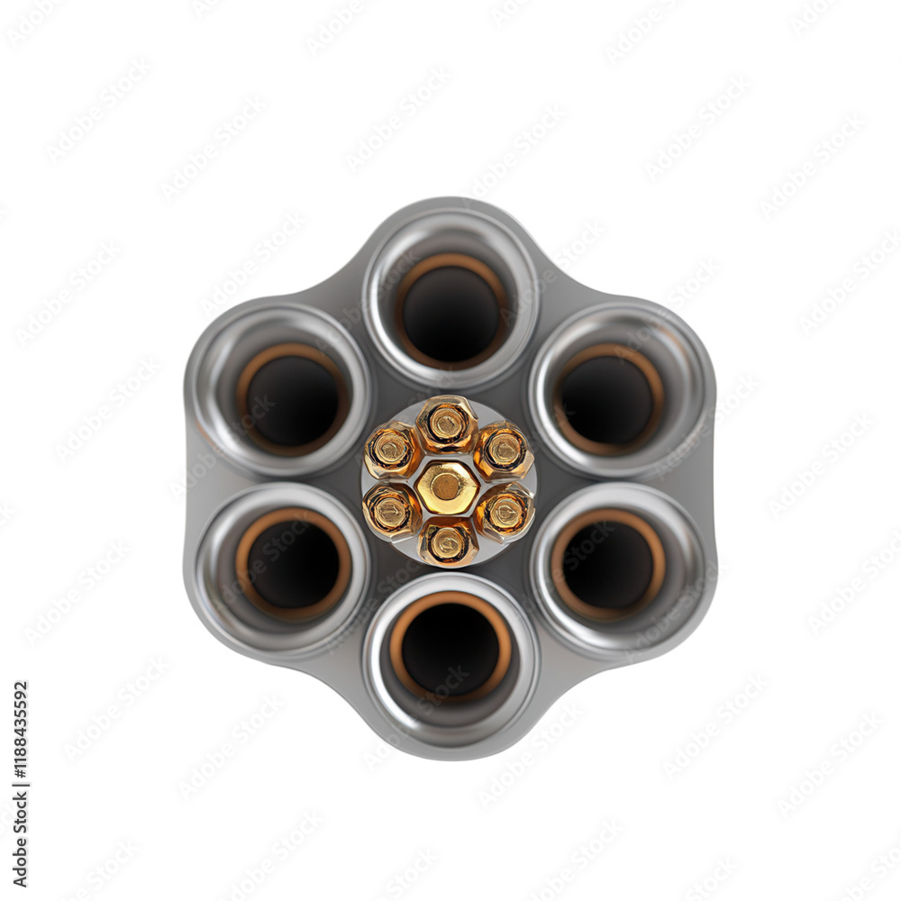 Revolver cylinder close-up studio setting high-quality image transparent background detailed perspective firearm concept