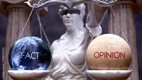 Fact or Opinion as a choice, two options to choose from. Greek statue presenting two alternatives: fact or opinion, weighing their values. Looking at pros and cons. ,3d illustration photo