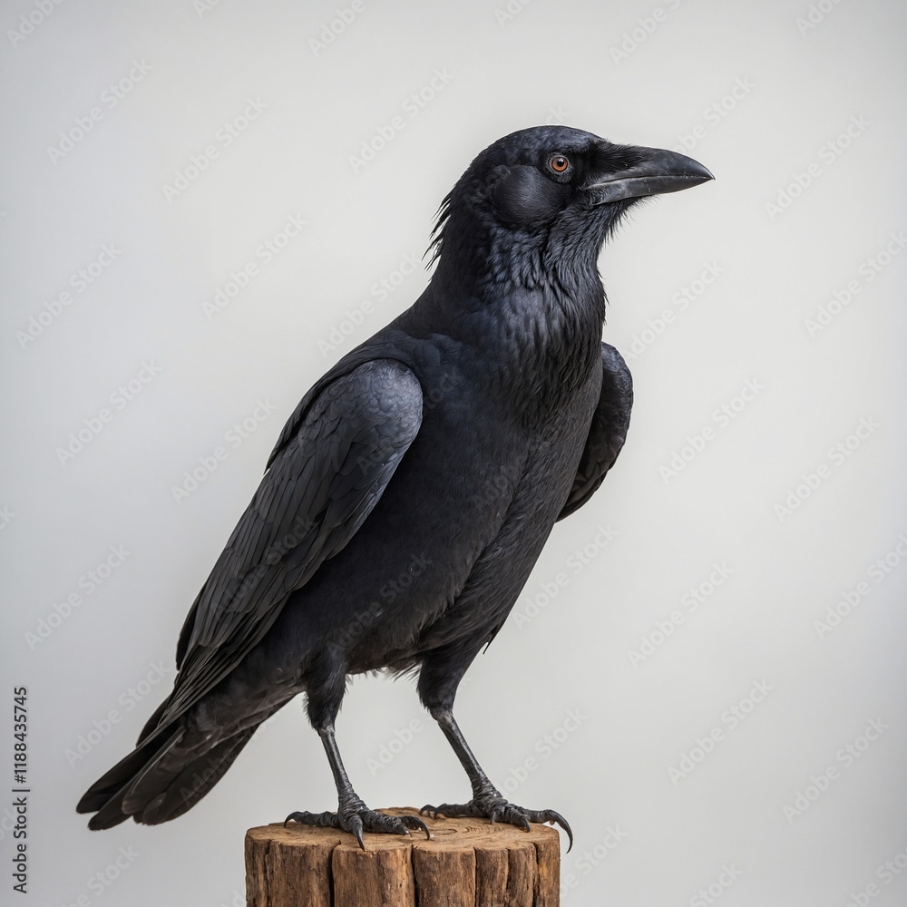 Fototapeta premium Fish Crow standing on one leg with a curious head tilt, white background.