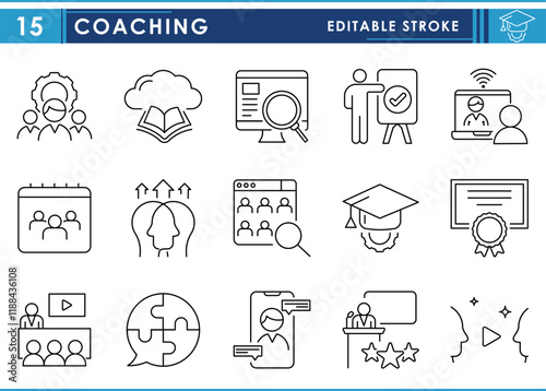 A set of line icons related to Coaching. Council, cloud, digital, training, meeting, education, person, motivation, management, development, and so on. Vector editable stroke.