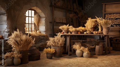 Baskets of Freshly Harvested Grains such as Wheat Placed in a Cozy Rustic Barn Interior  This Traditional Autumn Harvest Scene Depicts the Bountiful Abundance of a Successful Crop Season photo