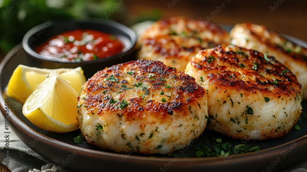 Enjoy delicious crab cakes, golden and crisp on the outside, accompanied by fresh lemon wedges and dipping sauce. Enjoy delicious crab cakes, golden and crisp on the outside, accompanied by fresh lemon wedges and dipping sauce.
