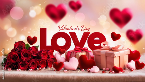 Valentines background. Romantic Valentine's Day Gift and Decorations with Roses and Hearts. Valentine's Day Banner. Greeting card, Valentine's Day invitation.