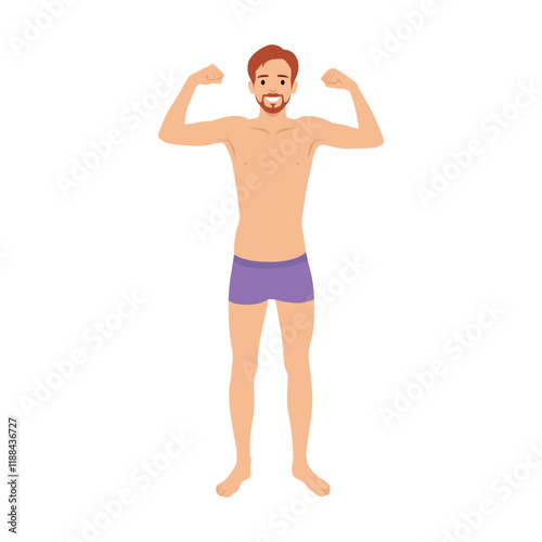 Skinny young man flexing muscles. Flat vector illustration isolated on white background