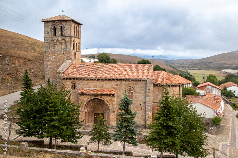 Romanesque collegiate church of San Pedro de Cervatos from the 12th century. Cantabria, Spain.