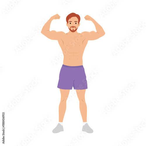 Young man with a muscular build is shown with his arms raised in the air. Flat vector illustration isolated on white background