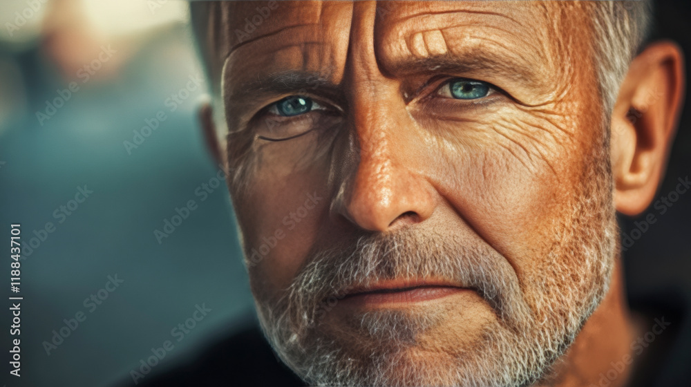 A portrait of a middle-aged man reflecting wisdom and strength through his luminous eyes. A portrait of a middle-aged man reflecting wisdom and strength through his luminous eyes.