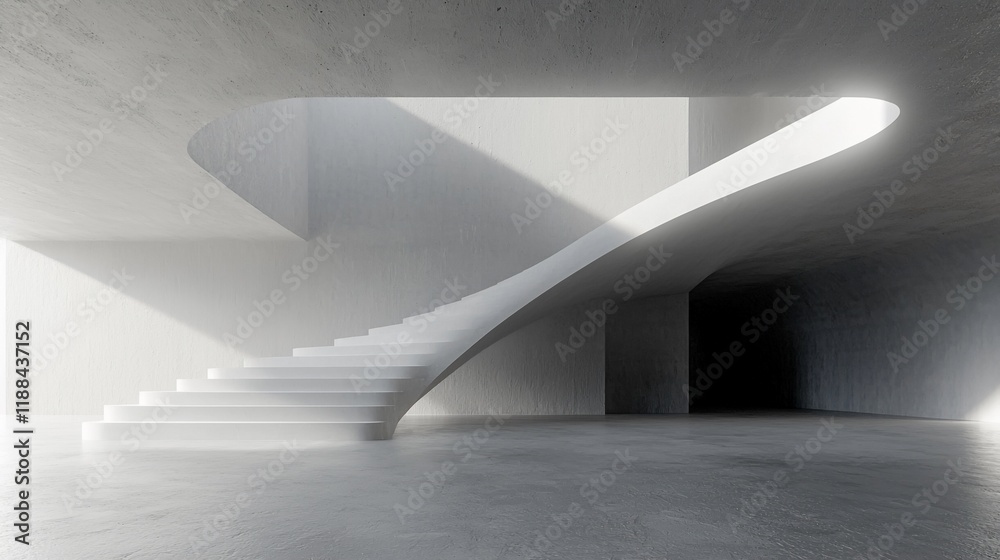 Obraz premium Modern white concrete spiral staircase in minimalist interior.