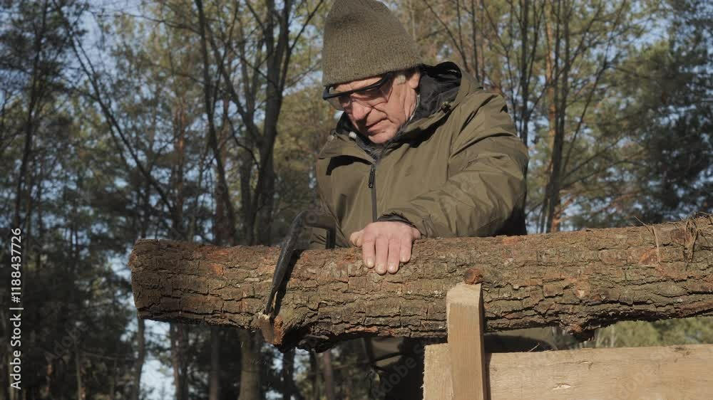 An elderly man in warm clothing meticulously works with a log, preparing it for use, in a peaceful forest setting surrounded by tall trees and natural light.
