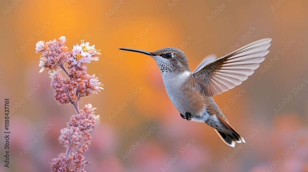 Naklejka premium A hummingbird hovering near pink flowers against a soft, blurred background.