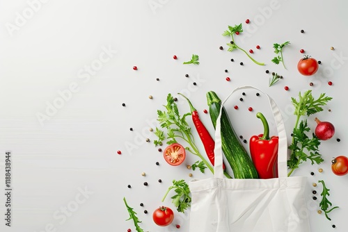 High Detail Picture of White Tote Bag Mockup with Vegetable on White Background photo