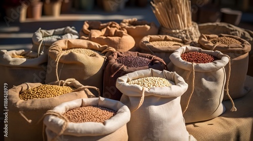 Rustic market stall displaying an assortment of sacks filled with grains like rice oats and chickpeas showcasing the abundance and variety of fresh natural produce available at this local marketplace photo