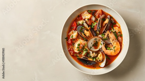 A bowl of zuppe di pesce (fish stew) with assorted seafood and herbs, set against a plain beige background with ample space around the dish. photo